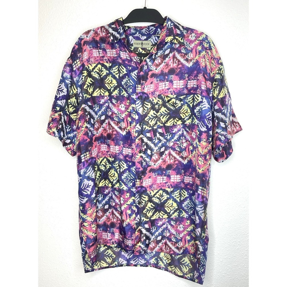 Robert Stock Mens Shirt Vintage 100% Silk Abstract Ikat Print Medium Multicolor